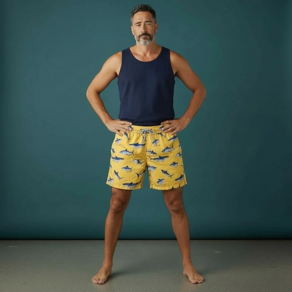 Snapper Rock Mens Yellow Shark Print‎ Swim Trunks Shorts Size L